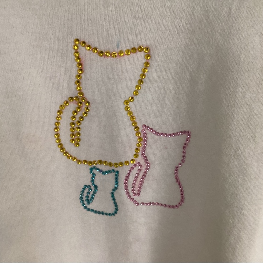 Hand Crafted Cat Design Tee - White with Gold, Pink, and Blue Accents
